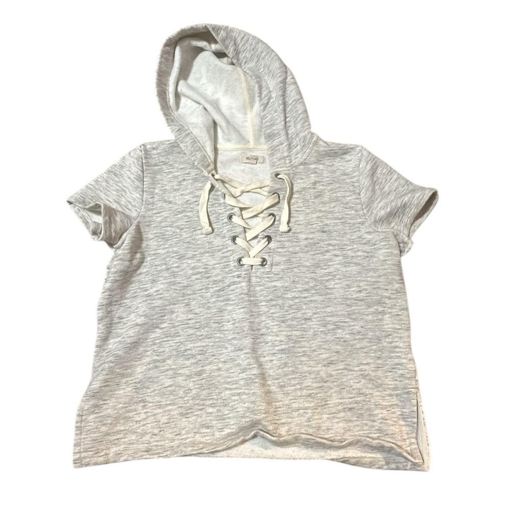 Madewell Short Sleeve Hoodie Sweatshirt‎ Womens Medium Heather Gray Lace Up
